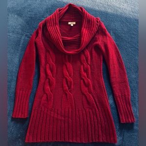 Long red wool blend sweater with cowl neck